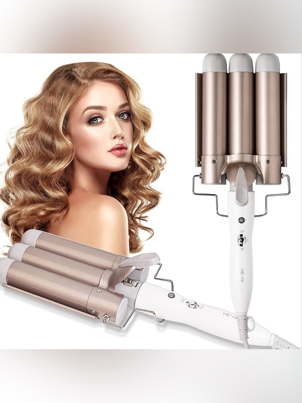 White and Rose Gold 3-Barrel Waver Hair Curler 1.25” - Professional Beach Waves